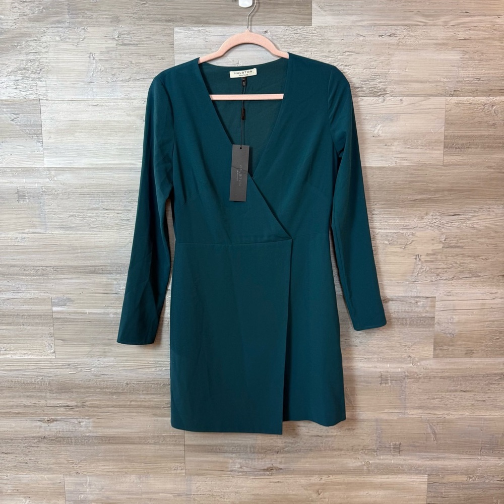 NWT Halston Heritage V-Neck Wrap Front Mini Dress in Dark Spruce - Size 4 - Picture 9 of 10